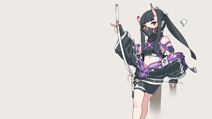 oni girl, mask, horns, original characters, black hair, katana, HD wallpaper