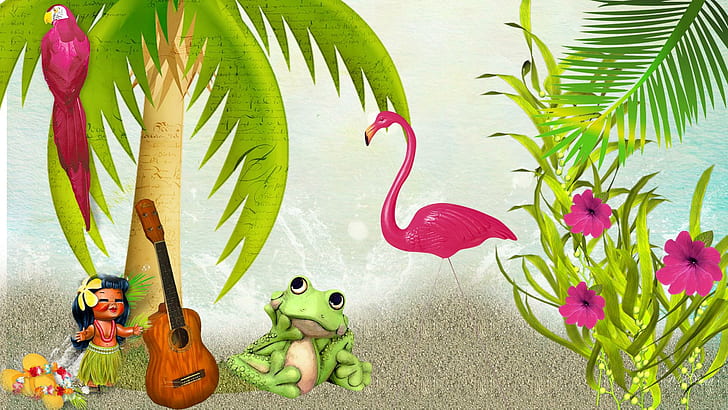 Froggy Vacation, green frog; brown acoustic guitar; coconut tree painting, HD wallpaper
