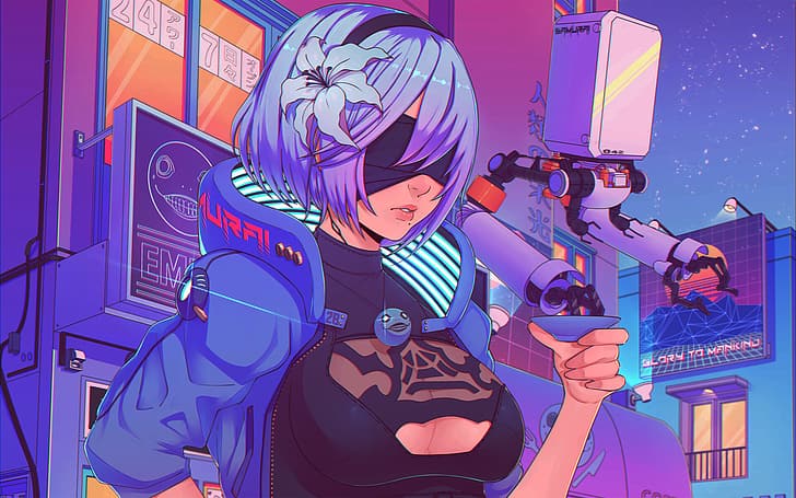 2B (Nier: Automata), retrowave, illustration, cyber city, cyberpunk, HD wallpaper