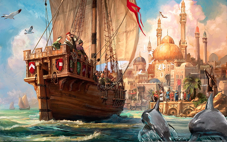 brown galleon ship, wave, Marina, seagulls, dolphins, mosque