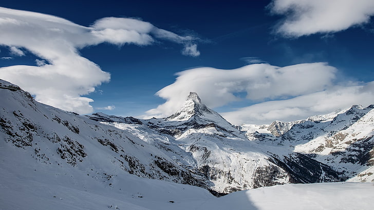 snow covered mountains, nature, clouds, ice, landscape, winter, HD wallpaper
