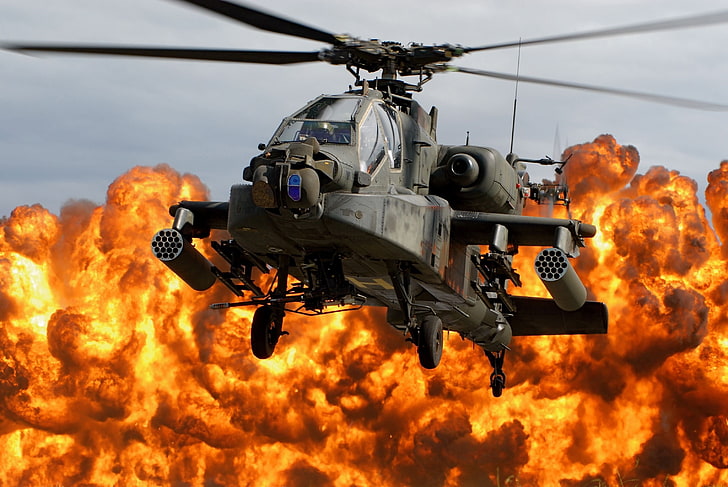 gray fighter helicopter, ah-64d, apache, blades, cabin, explosion