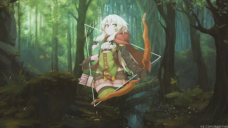 anime, anime girls, picture-in-picture, forest, archer, triangle