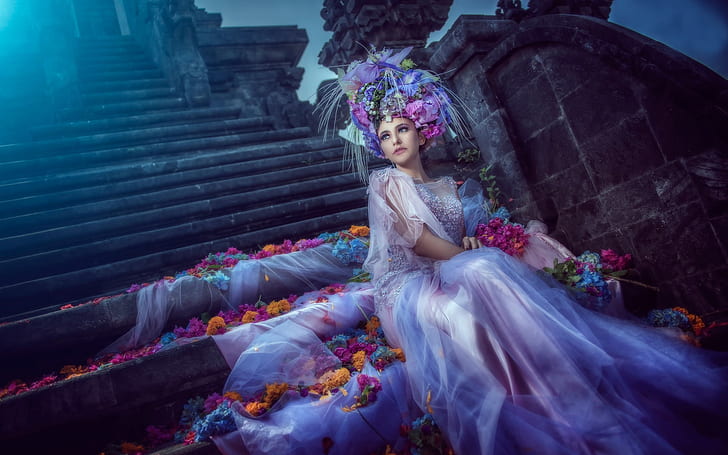 Art pictures, fantasy girl, bride, white dress, flowers, petals, moonlight, HD wallpaper