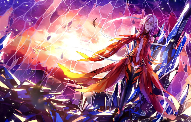 pink haired female anime character, guilty crown, inori, abstract