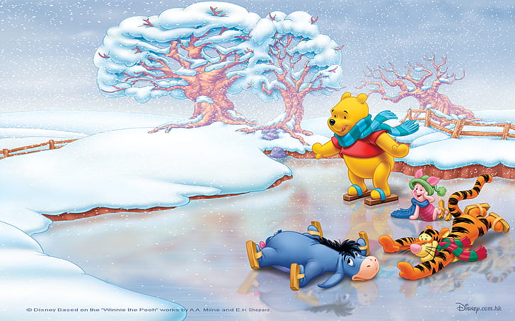 Winnie The Pooh And Friends Piglet Eeyore Tigger Cartoon Images Winter Skating Ice Desktop Hd Wallpaper For Pc Tablet 1920×1200, HD wallpaper