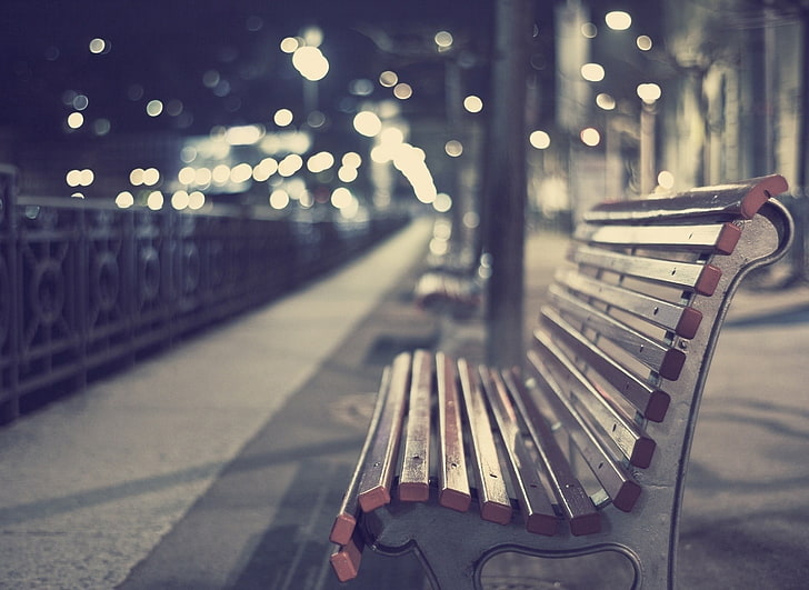 brown wooden bench, lights, path, night, city, beige, street, HD wallpaper