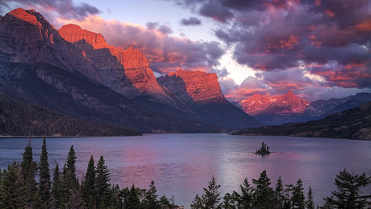 national park, united states, montana, islet, illuminated, saint mary lake, HD wallpaper