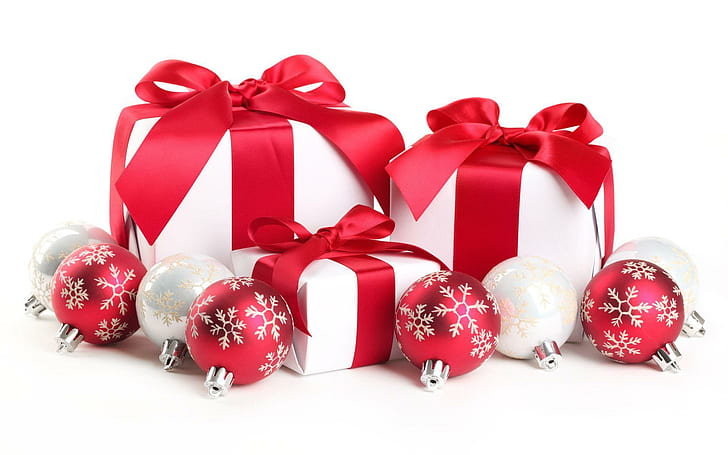 new year, christmas, gifts, white, red, tape, red and white present boxes and baubles, HD wallpaper