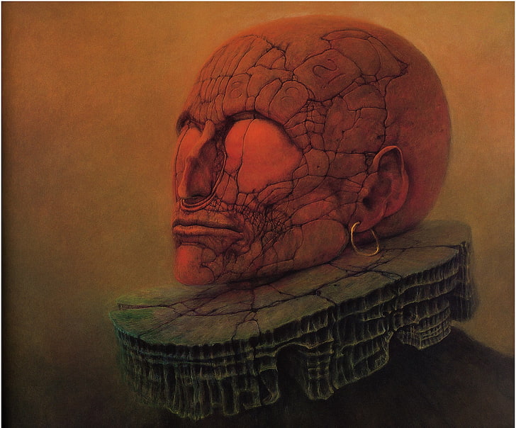 monster human face paintingk, Zdzisław Beksiński, artwork, indoors