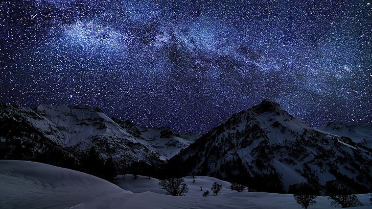 snow-covered mountains, stars, nature, space, landscape, night