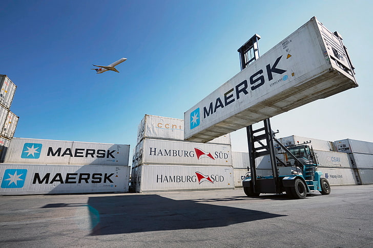 Maersk, airplane, container, Maersk Line, forklifts, text, western script, HD wallpaper