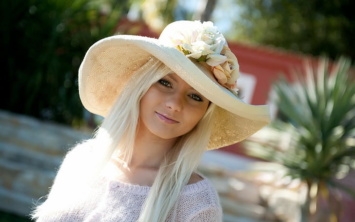 Annely Gerritsen, blonde, face, women's white hat and white scoop neck shirt