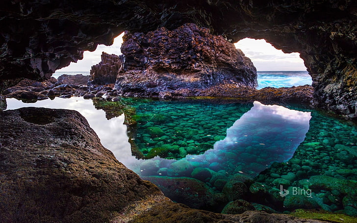 Spain Canary Islands Cave on El Hierro Island-2017.., water, rock, HD wallpaper