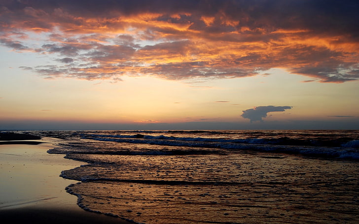 seashore, coast, sand, wet, clouds, air, evening, sunset, beach, HD wallpaper