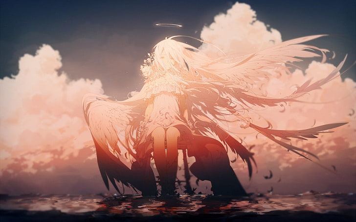 female anime character with wings wallpaper, angel, clouds, water