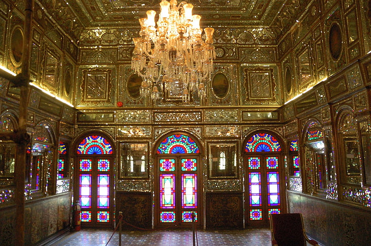 glass uplight chandelier, Iran, Tehran, city, palace, Golestan Palace, HD wallpaper