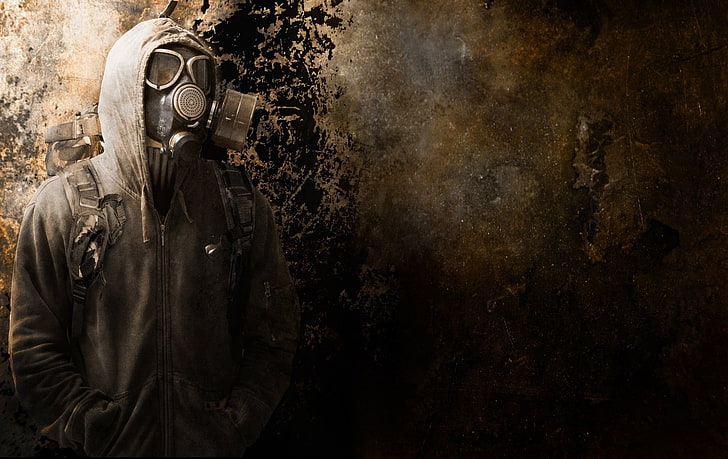 gas masks, grunge, apocalyptic, wall, one person, security
