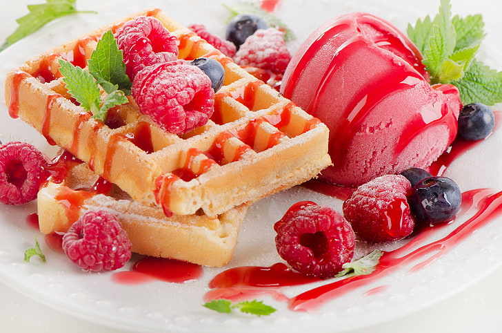 raspberry, berries, ice cream, dessert, waffles, food and drink, HD wallpaper