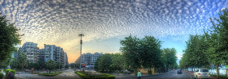 clouds, sky lanterns, tree, architecture, transportation, city, HD wallpaper