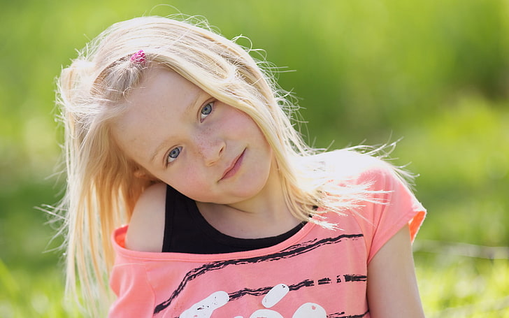 girl's pink scoop-neck top, children, little girl, outdoors, smiling