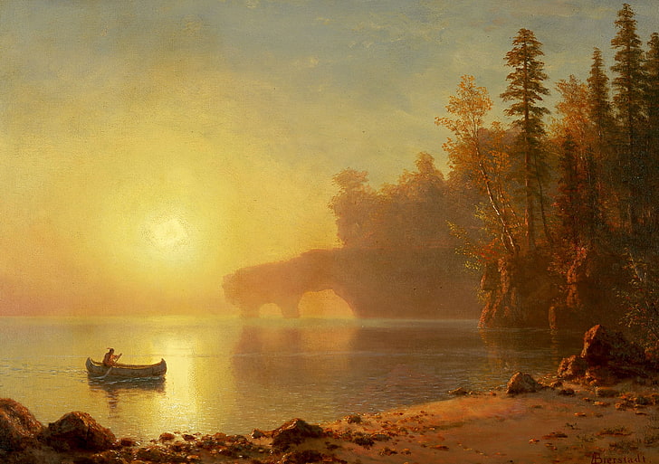 landscape, picture, Albert Bierstadt, Canoes Of Indians