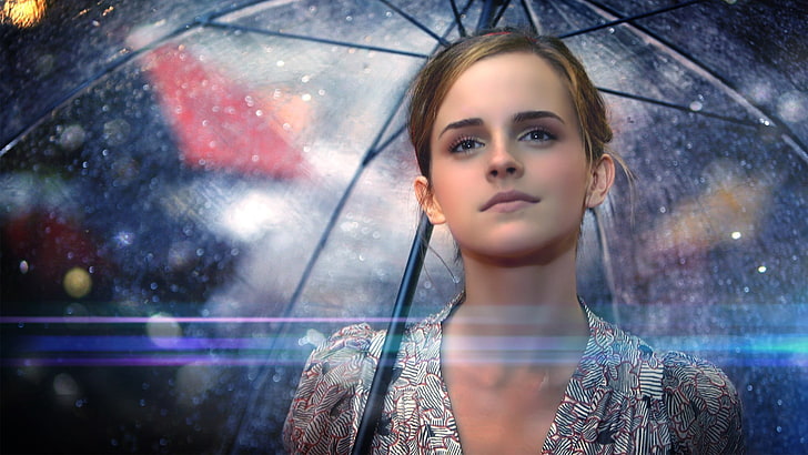 Emma Watson, umbrella, actress, face, women, celebrity, portrait