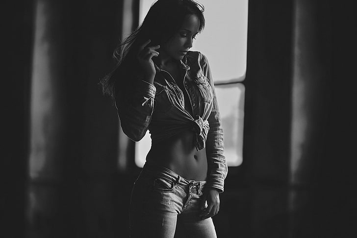 Angelina Petrova, women, model, monochrome, pants, jeans, denim, HD wallpaper