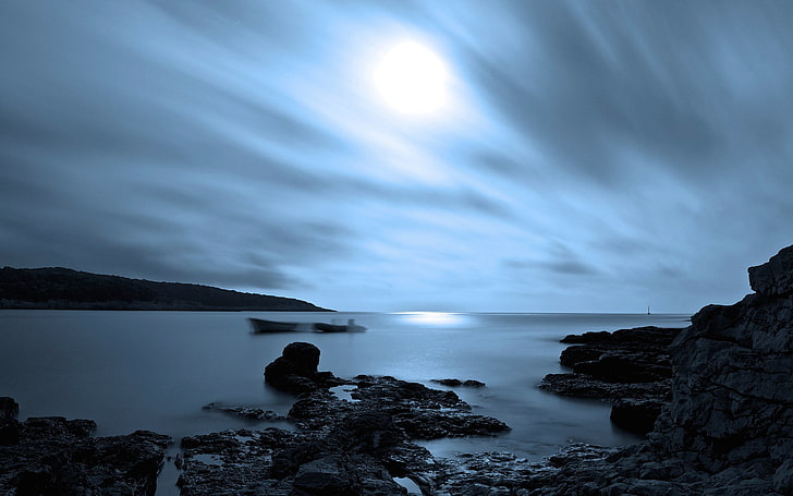 gray rock formation, sea, night, nature, long exposure, water, HD wallpaper