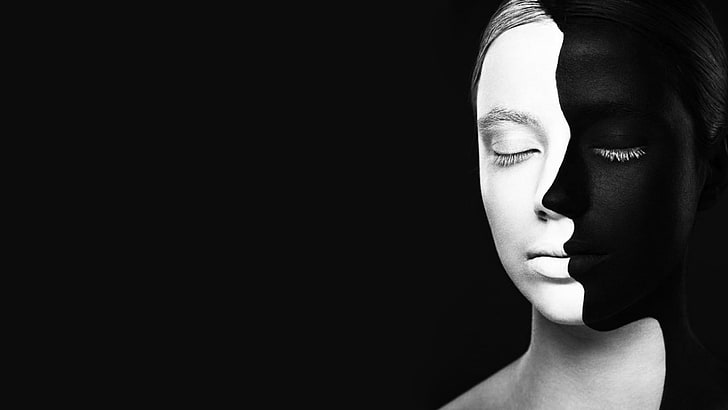 black background, white, body paint, face, women, monochrome
