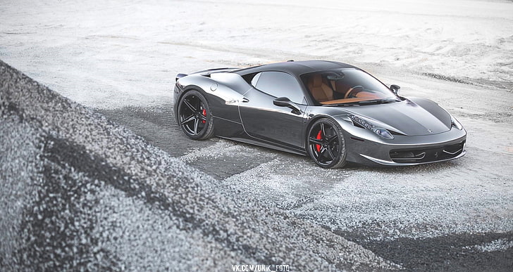 black and gray car, Ferrari, sports car, Ferrari 458, transportation, HD wallpaper
