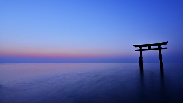 torii gate, sunset, landscape, nature, structure, sky, tranquil scene, HD wallpaper