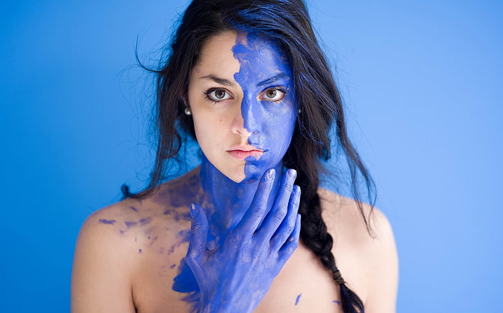 body paint, portrait, face, women, blue, model, young adult
