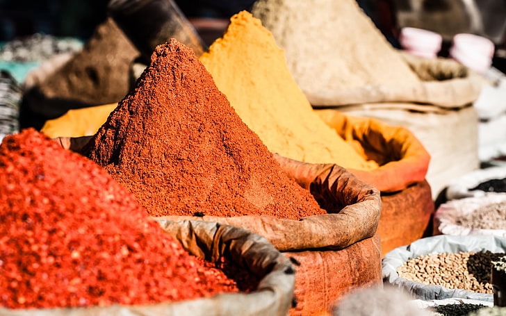 four mounds of powdered spices, sprinkles, bag, curry Powder, HD wallpaper