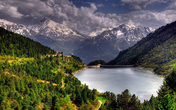 Green Pine Forest, Snowy Mountains, The Lake Where Amir Kabir Dam Iran Hd Desktop Wallpaper