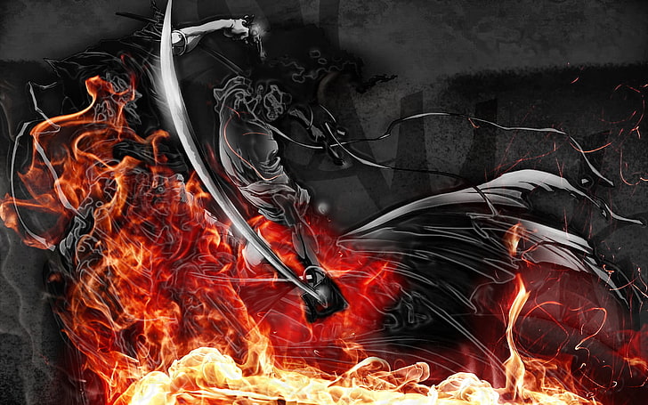 digital wallpaper of wings in flames, anime, Afro Samurai, burning