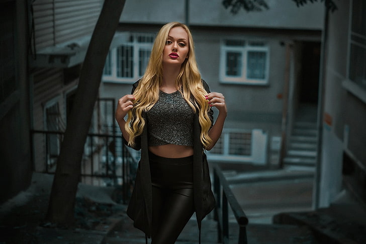 women's black crop top, portrait, blonde, leather pants , young adult, HD wallpaper