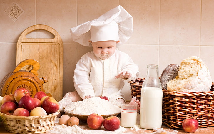 red apples, child, kitchen, cook, food, dough, flour, cooking, HD wallpaper