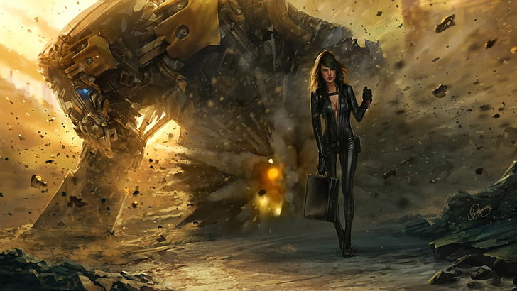 explosion, science fiction, women, mech, one person, young adult