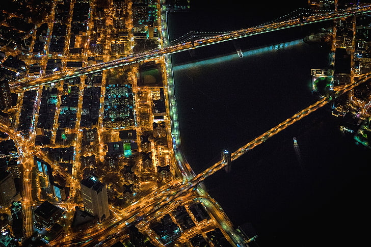 New York City, bridge, river, USA, night, aerial view, cityscape, HD wallpaper