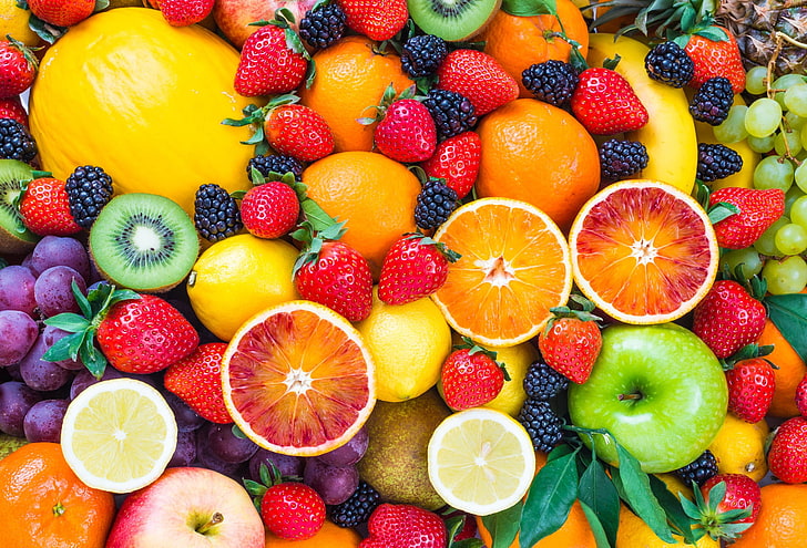 assorted fruit lot, food, strawberries, blood orange, lemons HD wallpaper