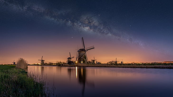 nature, mill, Netherlands, Milky Way, HD wallpaper