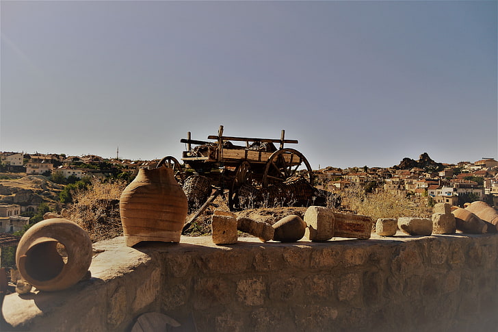 Cappadocia, vases, sky, nature, day, clear sky, sunlight, damaged, HD wallpaper