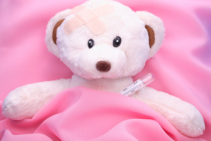 white and brown bear plush toy, thermometer, bed, disease, teddy Bear, HD wallpaper