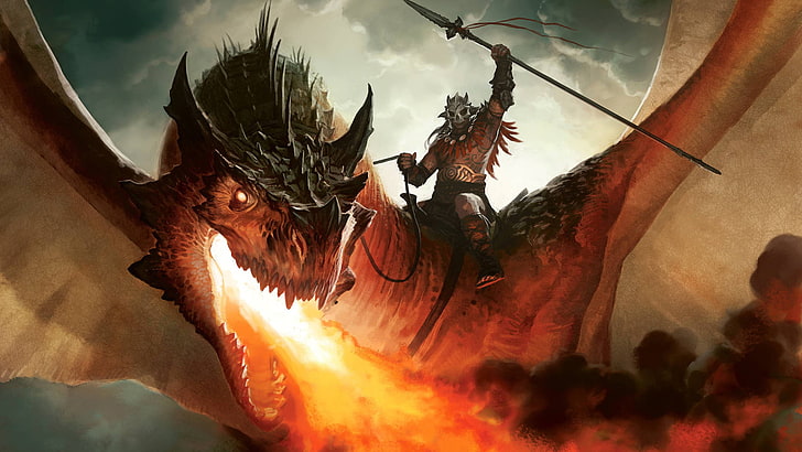 red dragon illustration, fire, figure, warrior, art, rider, spear, HD wallpaper