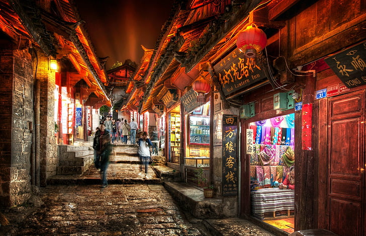 Cities, Lijiang, China, Night, Oriental, Street