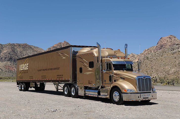 brown rig truck, road, chrome, the front, Peterbilt, transportation