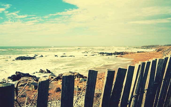 sea, coast, fence, water, sky, beach, horizon, horizon over water, HD wallpaper