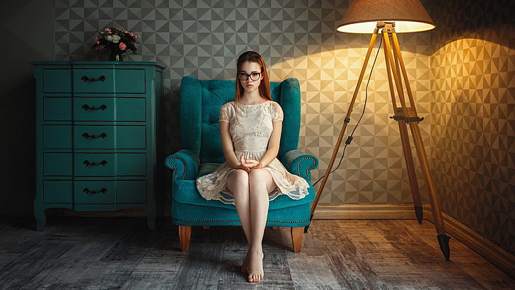 women's beige t-shirt dress and teal wing chair, Georgy Chernyadyev, HD wallpaper