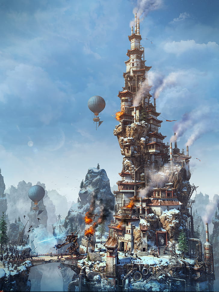 fantasy tower, steampunk, village, castle, sky, artwork, balloons